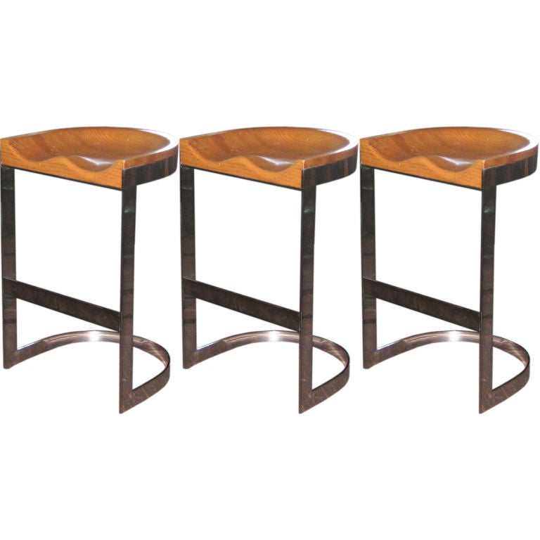 Set of 3 Milo Baughman Chrome and White Oak Counter Stools