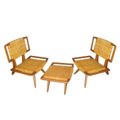 Rare Paul Laszlo Walnut and Cane Chairs with Ottoman