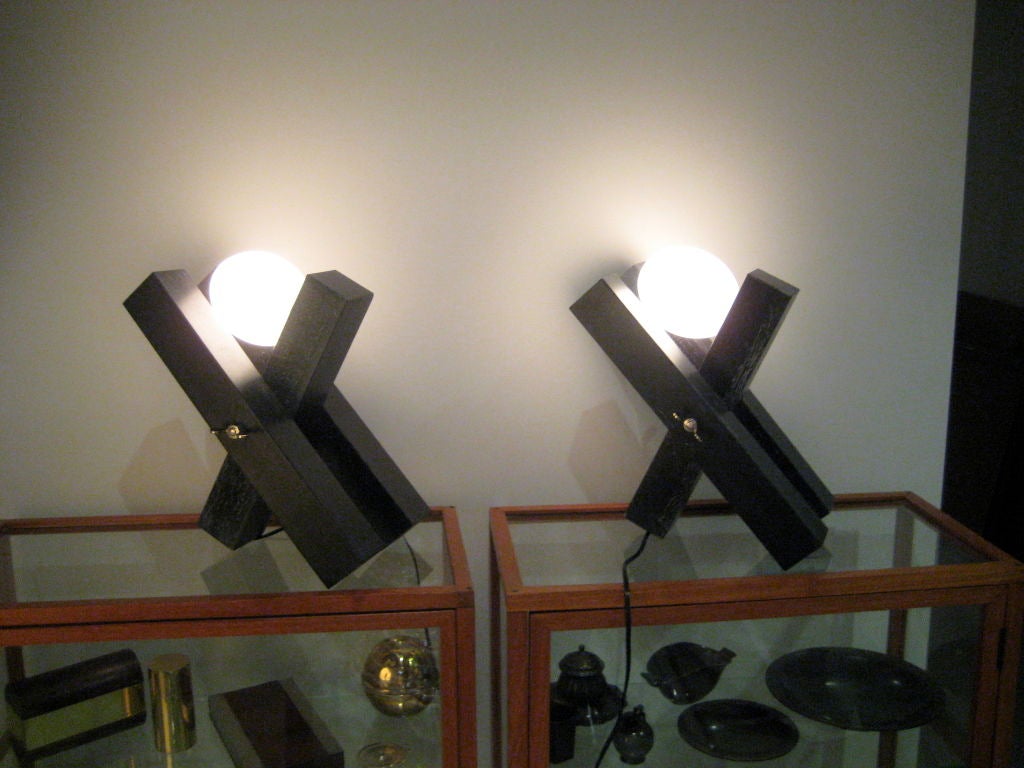 Pair of Francois Arnal Cerused Oak and Glass Table Lamps In Good Condition In Brooklyn, NY