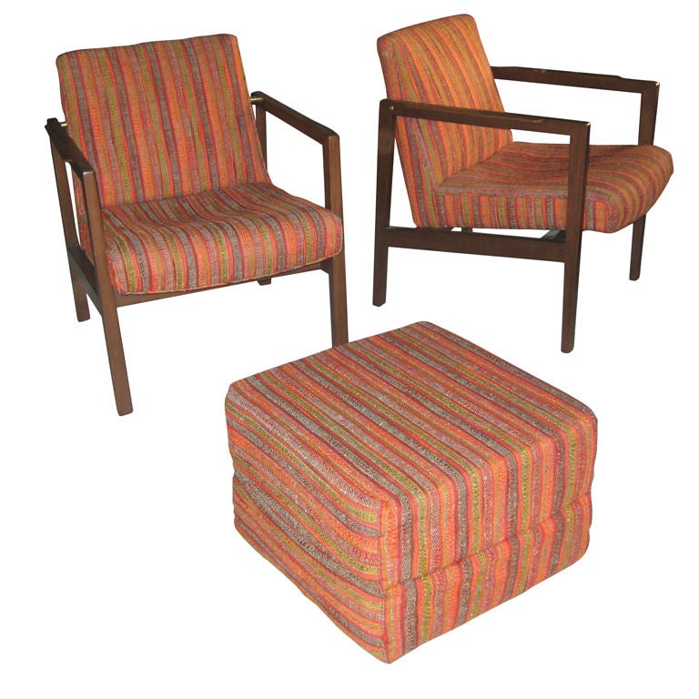 Pair of Edward Wormley for Dunbar Lounge Chairs/Ottoman Cube