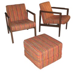 Vintage Pair of Edward Wormley for Dunbar Lounge Chairs/Ottoman Cube