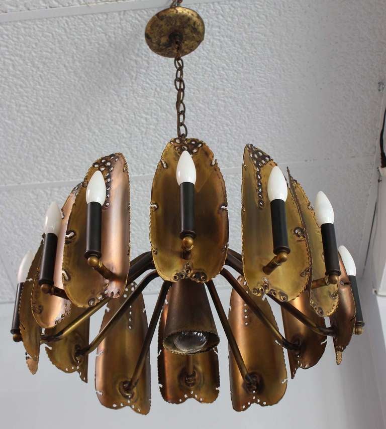 Brutalist style patinaed brass chandelier by Tom Greene.