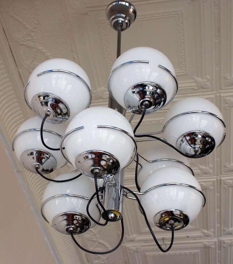 Chrome and nine milk glass globe chandelier in the style of Gino Sarfatti.