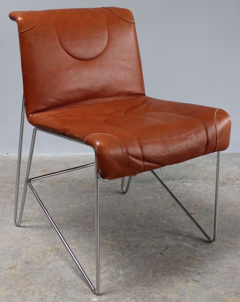 Pair of chrome chairs with original leather upholstery in the manner of Verner Panton.