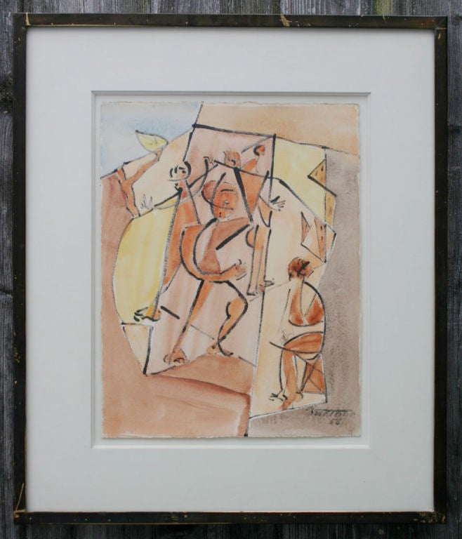 Leopold Survage watercolor, dated 1956 and signed and stamped in lower right corner, framed and natural linen matted. Image area 12.5