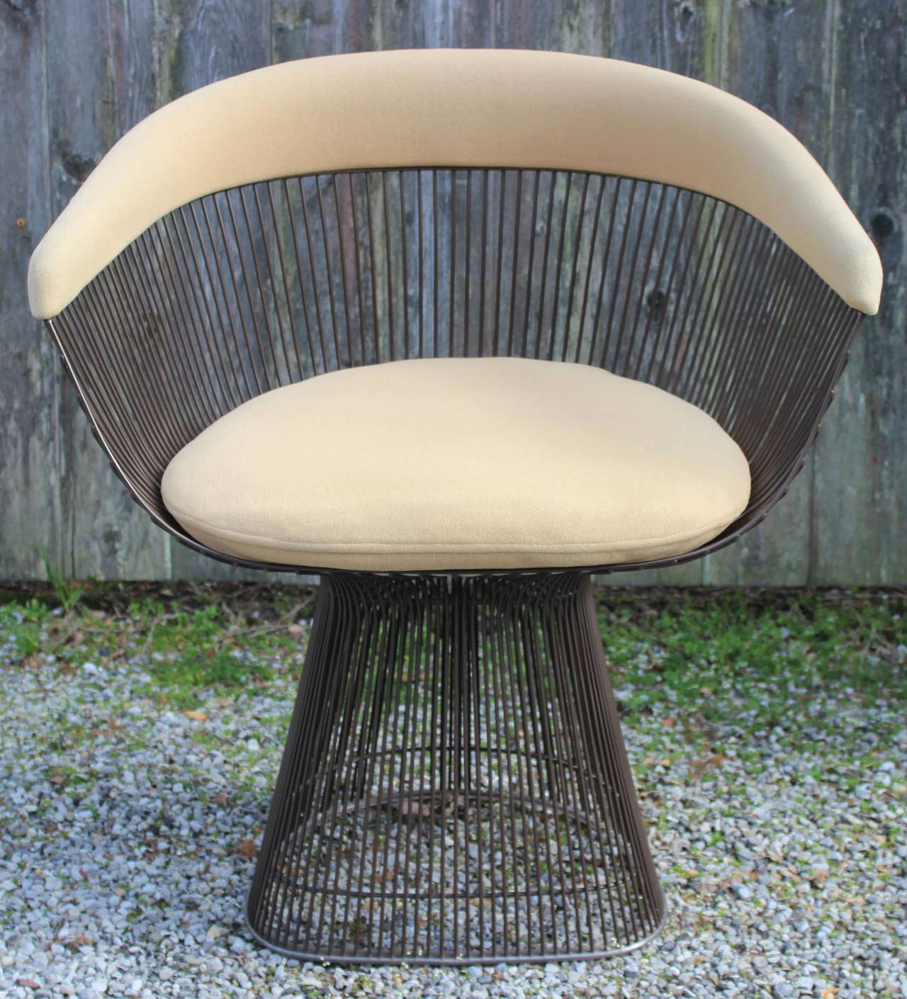 Six bronzetone dining chairs in original upholstery, designed by Warren Platner for Knoll.

Platner table and 6 more chairs also available. Please inquire and see website.