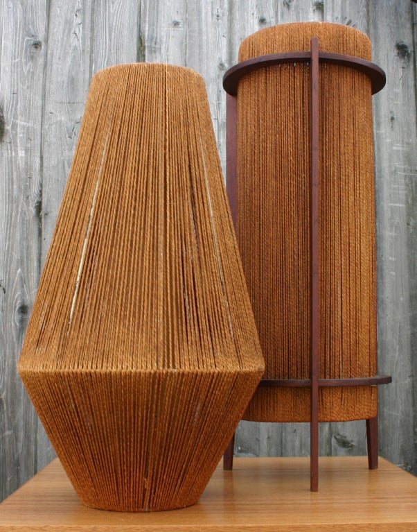 2 Danish natural jute string lamps on metal frame; tubular one with teak exterior frame.  priced separately. smaller $850, larger $950.