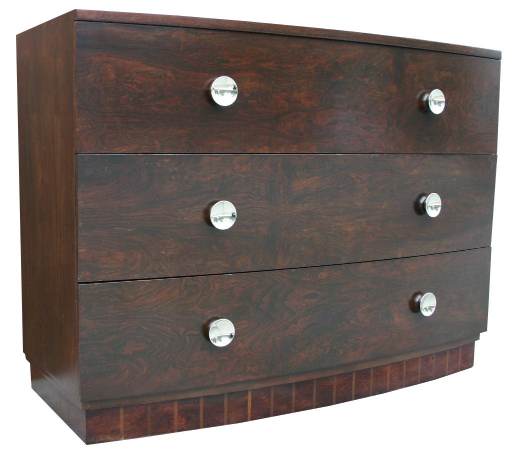 Exquisite burlwood dresser with striped inlay base detail and nickel pulls. Restored and refinished in satin dark walnut.