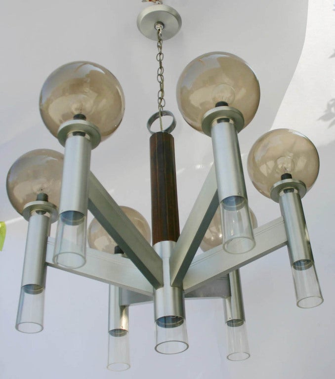 Brushed steel, lucite and wood chandelier with six tinted globes.