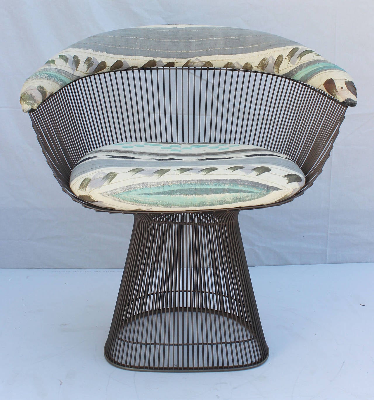 Six bronzetone dining chairs in vintage upholstery, designed by Warren Platner for Knoll.

Matching Platner marble top table also available. Please inquire and see website.