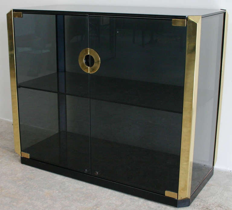 Beautifully crafted Italian vitrine dark smoke glass and brass cabinet.  Design is often attributed to Willy Rizzo for Mario Sabot, Italy.