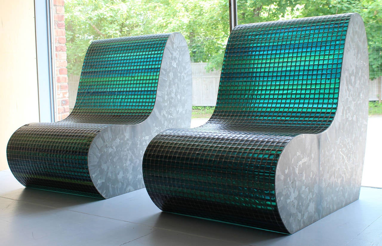 Wolfgang winter/Berthold Hörbelt, light bench, 2006, galvanized steel, resin, lights, 104cm high x 101, two chairs for indoors or outdoors.