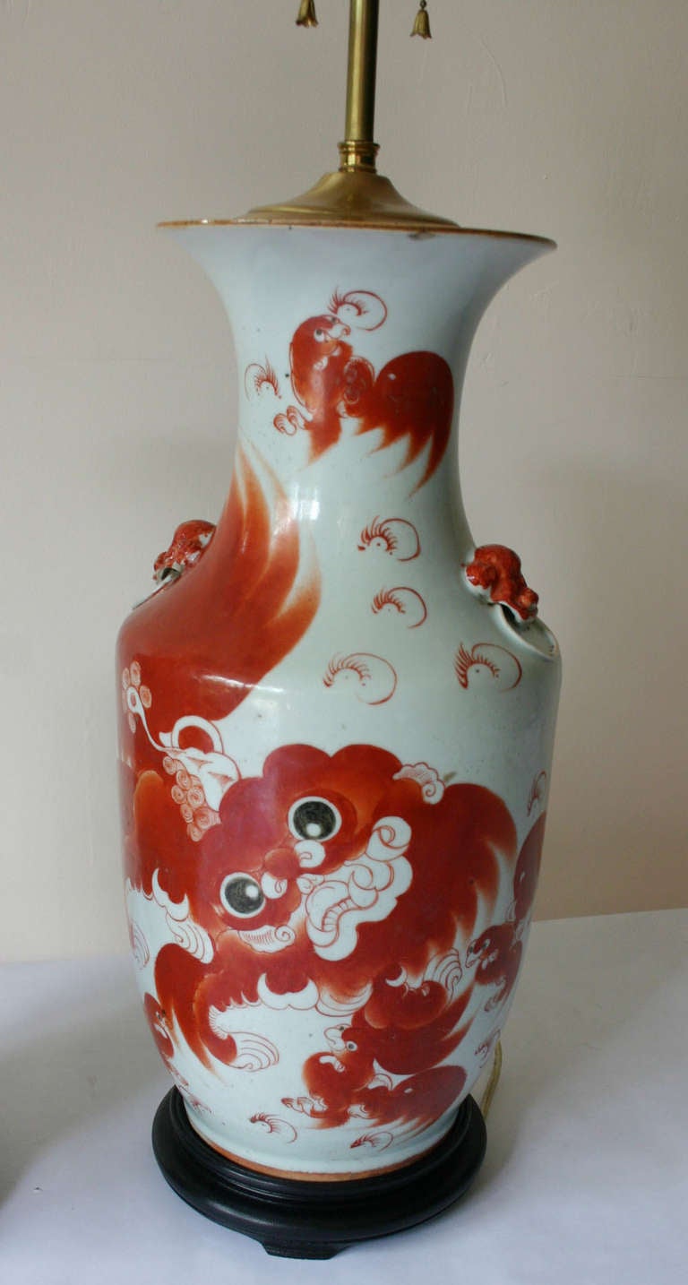 Pair Foo Dog Lamps In Good Condition In Southampton, NY