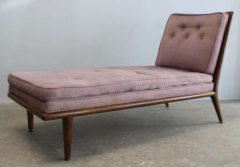 Classic, all original walnut frame chaise by T.H. Robsjohn-Gibbings, in original upholstery and with original label.