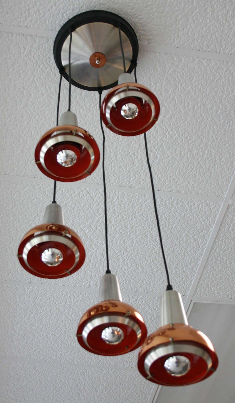 Danish 5-drop pendant with aluminum and copper shades.