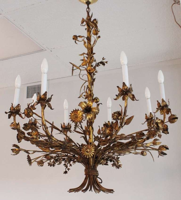 Gorgeous Italian gilt metal tole floral bouquet chandelier.