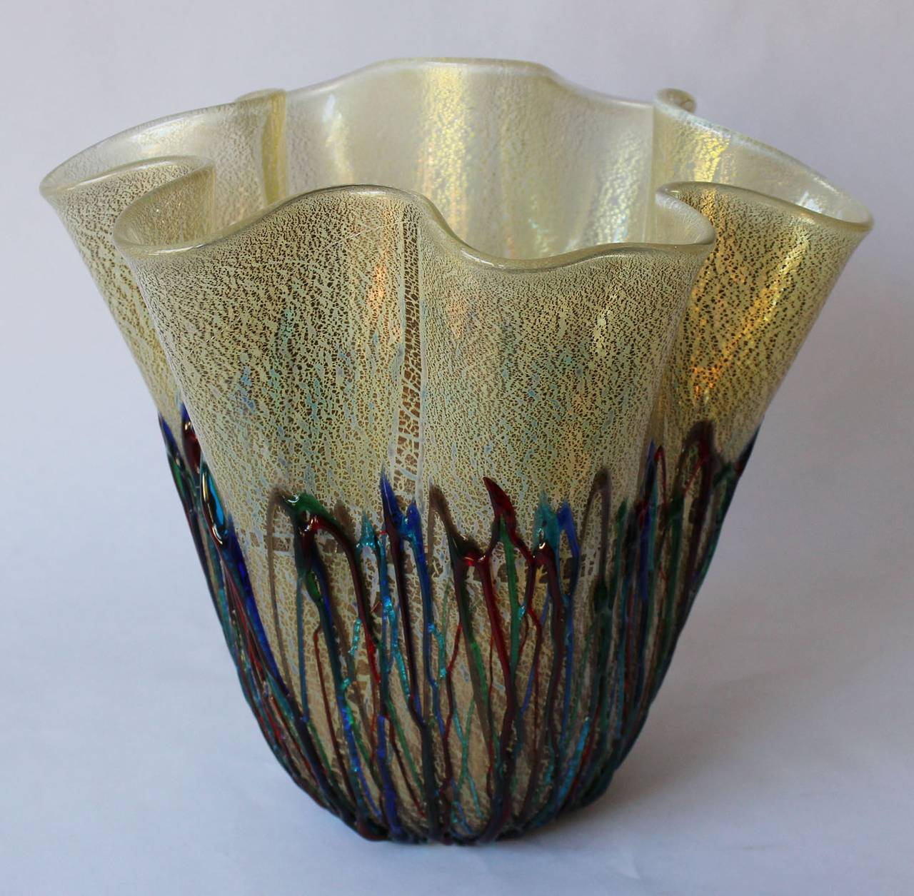 A Vistosi Murano Handkerchief vase with gold flecks and multi-color accents.