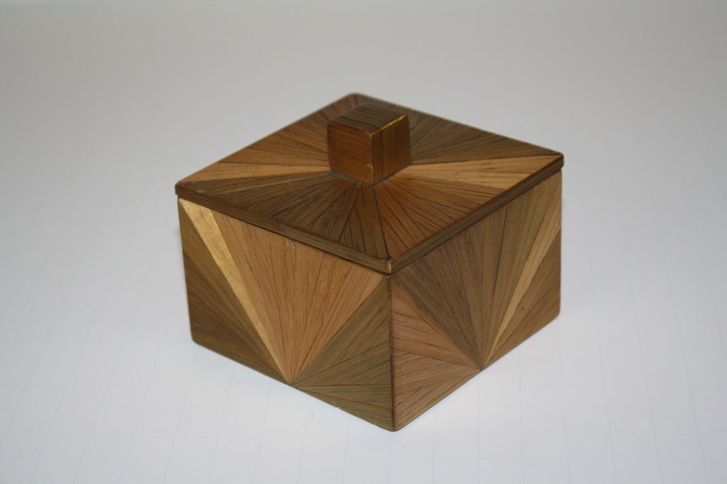 Straw Marquetry Box, geometrical design on sun design straw attributed to Jean-Michel Frank