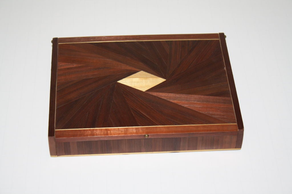 Straw Marquetry Box, Geometrical design on sun design straw - stained Mahogany, by Jean-Michel Frank