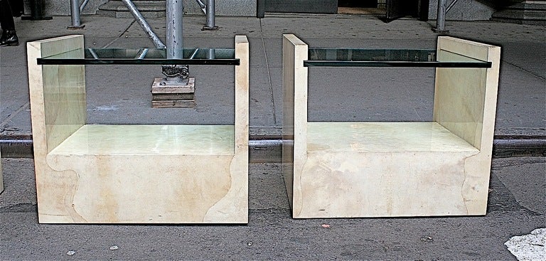 Lacquered Pair of Goatskin End Tables by Karl Springer, USA, c. 1980