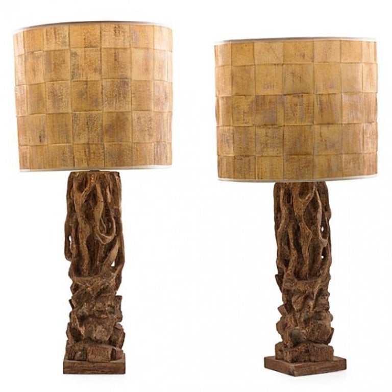 James Mont Pair of Carved Lamps Circa 1950s