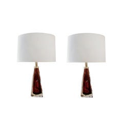 Pair of Ruby Red Cased Glass Lamps by Orrefors