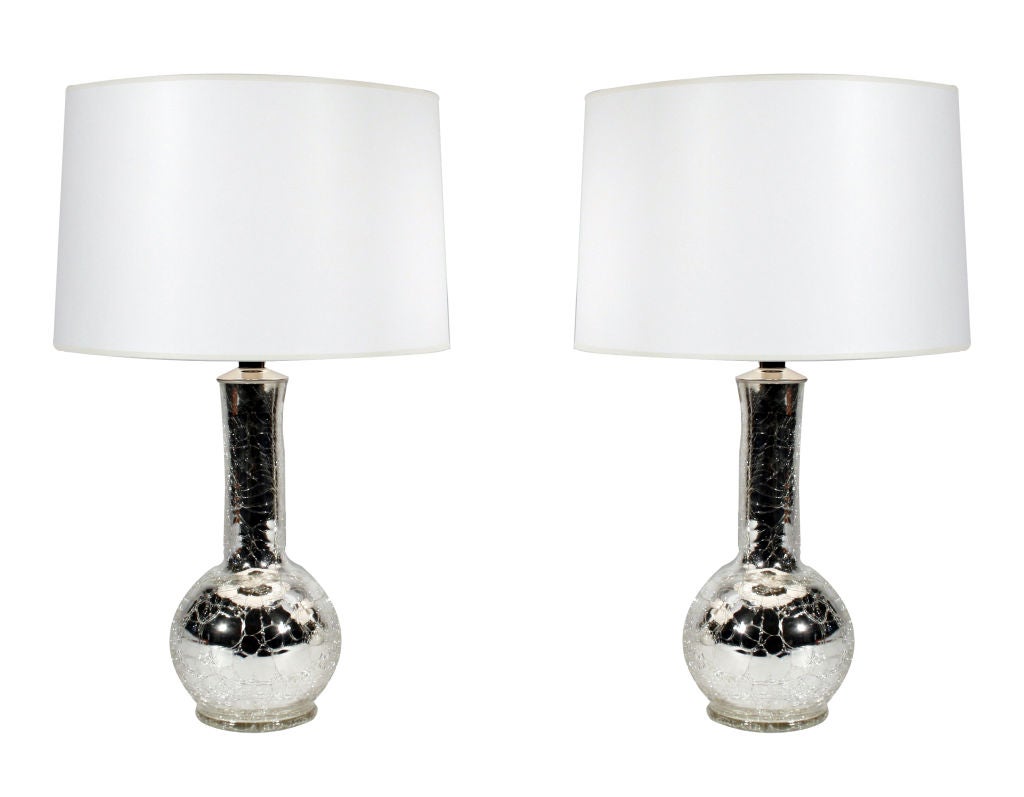 Pair of Cased Mercury Glass under Cased Crackled Glass Lamps For Sale