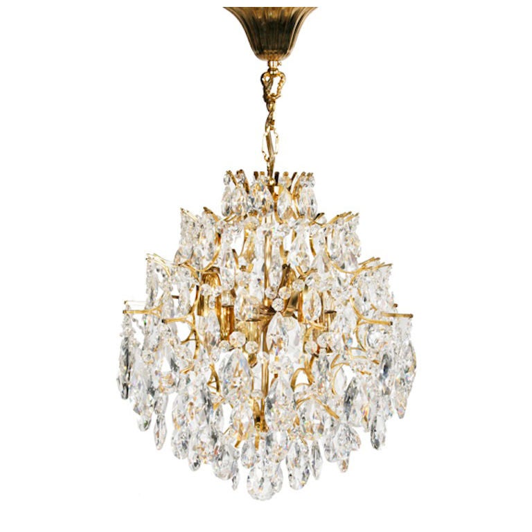 Lobmeyr Tear-Drop Faceted Crystal and Brass Chandelier