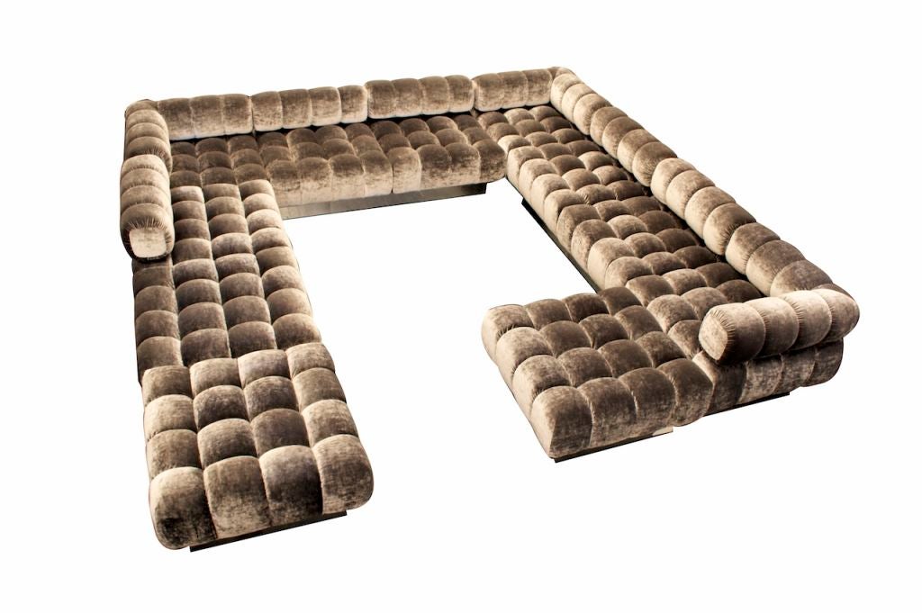 Deep Tuft Sectional by Harvey Probber USA c. 1970. Deeply tufted Rose Cummings silk velvet over Probber’s trademarked “Proberon” foam – an exclusively formulated urethane that does not sag or disintegrate. The set includes two corner pieces, three