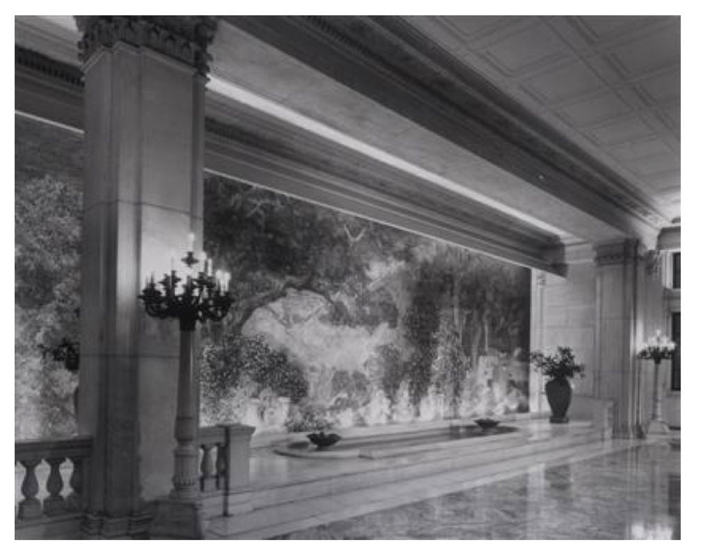 Pair of monumental terra cotta urns made by the Enfield Pottery and Tile Company, Enfield PA, circa 1915. Originally placed by Louis Comfort Tiffany in 1916 in front of his mural "Dream Garden" which was taken from a Maxfield Parrish