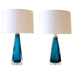 Vintage A Pair Of Aqua Cased Glass Lamps By Orrefors, Sweden, C. 1950s.