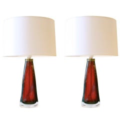 Pair of Ruby Red Cased Glass Lamps by Orrefors, Sweden, circa 1950