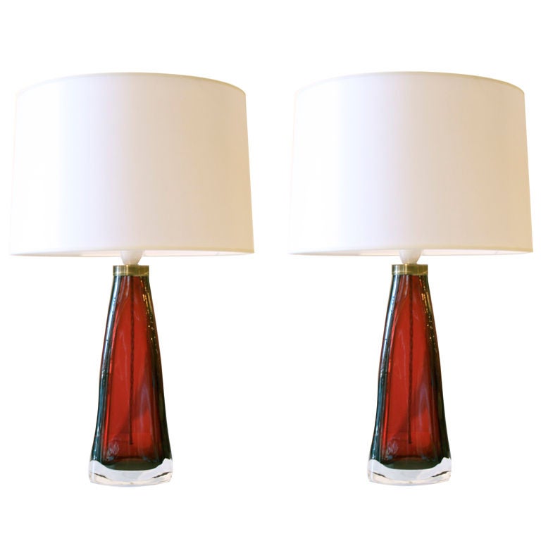Pair of Ruby Red Cased Glass Lamps by Orrefors, Sweden, circa 1950 For Sale