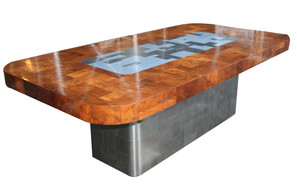 A Cityscape Chrome and Burl Paul Evans Dining table for 14/16