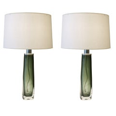 A Pair of Green Cased Glass Table Lamps by Orrefors