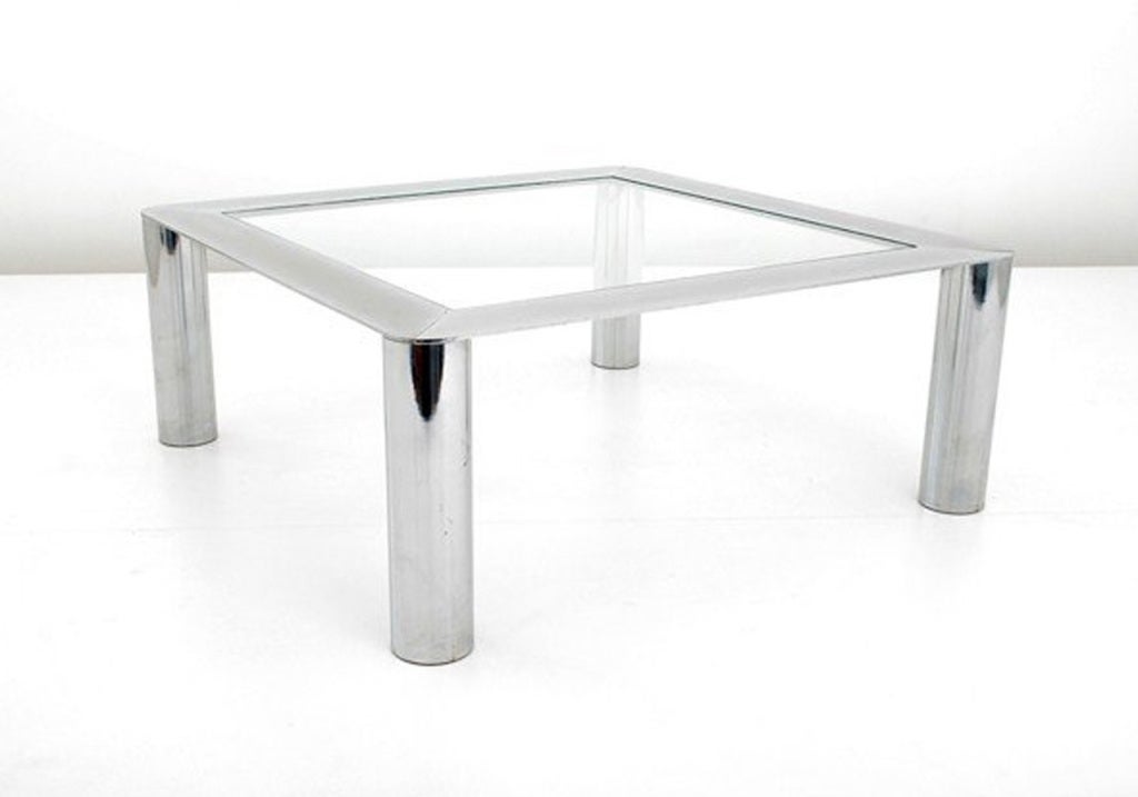 A square occasional table by Sergio Mazza and Giuliana Gramigna. Italy, 1970. A solid steel constructed low table with solid tubular legs and a thin chrome apron with inset glass. Designed for Cinova, Italy. Style #912.