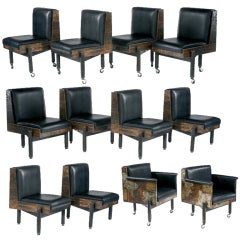 Douze chaises de salle à manger en patchwork de cuivre, bronze et acier de Paul Evans