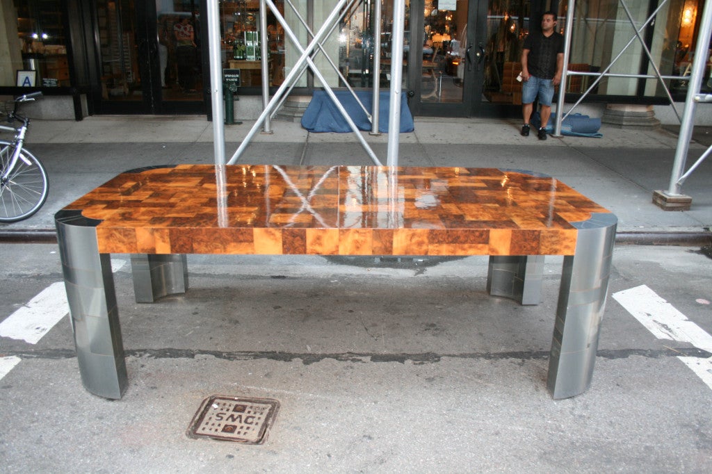 Paul Evans 10.5' Burl Patchwork and Satin Steel Dining Table