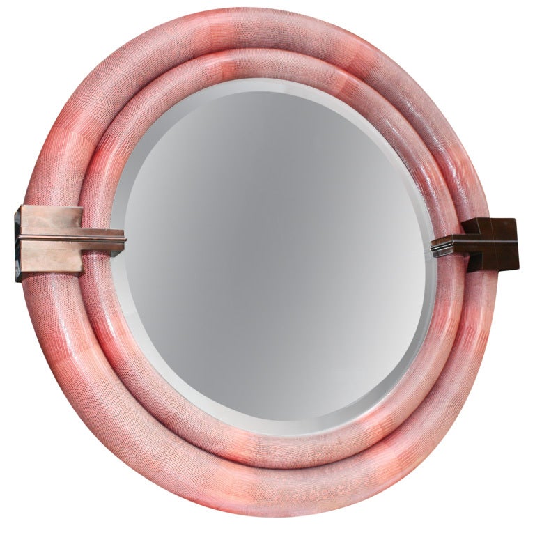 A Large Round Python-Skin Mirror signed Karl Springer For Sale