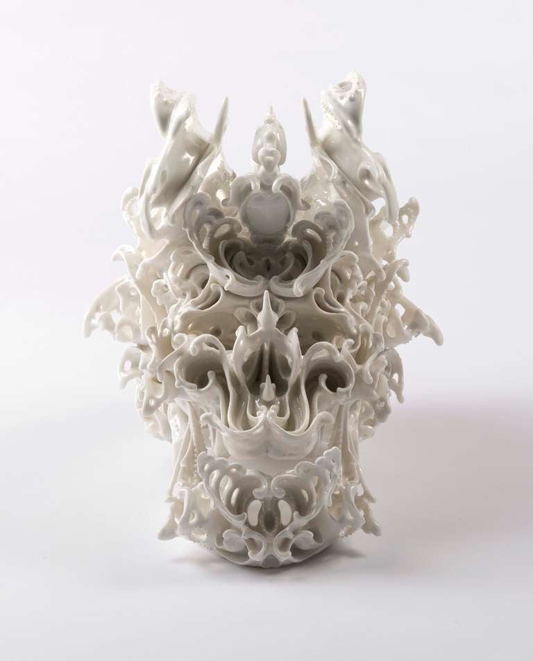 Each unique “skull” in the Predictive Dream Series is made of cast porcelain with white glaze.  Since her first solo exhibition in 2001 at Gallery LE DECO in Tokyo, Aoki has gone on to receive numerous awards and has been featured in exhibitions at