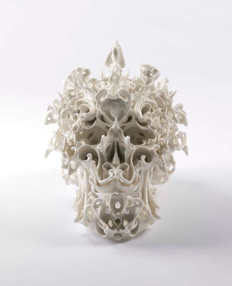 Each unique “skull” in the Predictive Dream Series by artist Katsuyo Aoki is made of cast porcelain with white glaze.  Since her first solo exhibition in 2001 at Gallery LE DECO in Tokyo, Aoki has gone on to receive numerous awards and has been