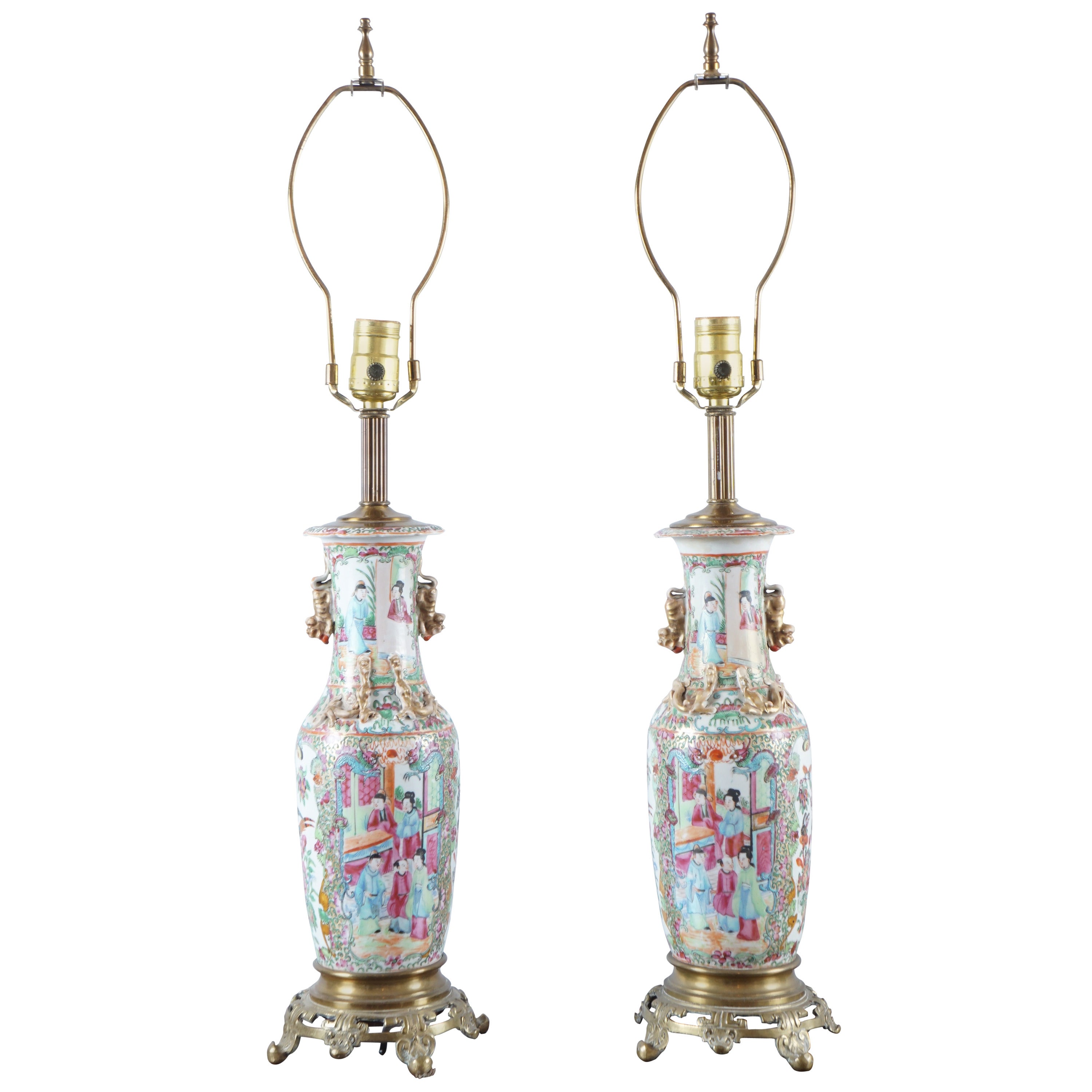 Pair Rose Medallion Chinese Lamps