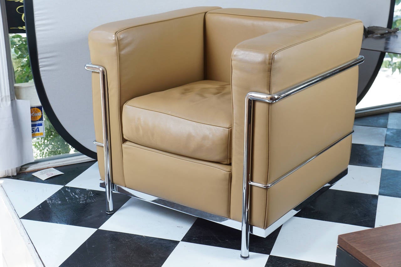 Two Le Corbusier LC/2 LePetit lounge chairs in Tan Leather.  No signature, no labels.