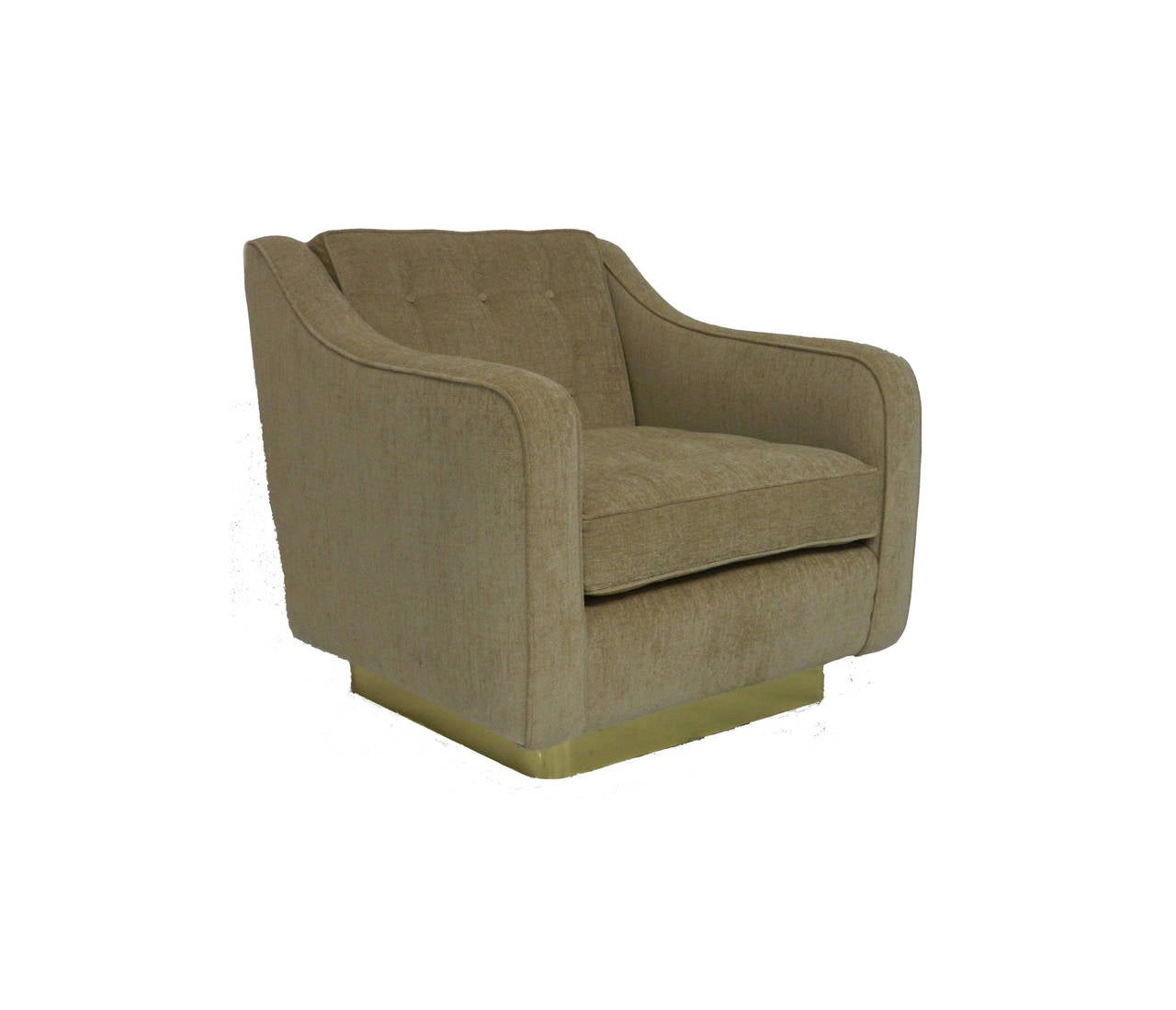 Milo Baughman armchairs with brass platform base.
Newly upholstered in sand colored cotton fabric with button tufted seat and back cushions.