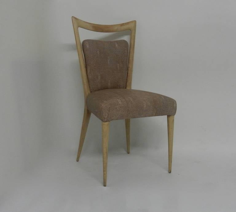 A single dining chair by Melchiorre Bega. 
Upholstered in stingray pressed leather. 
Wood in natural color.