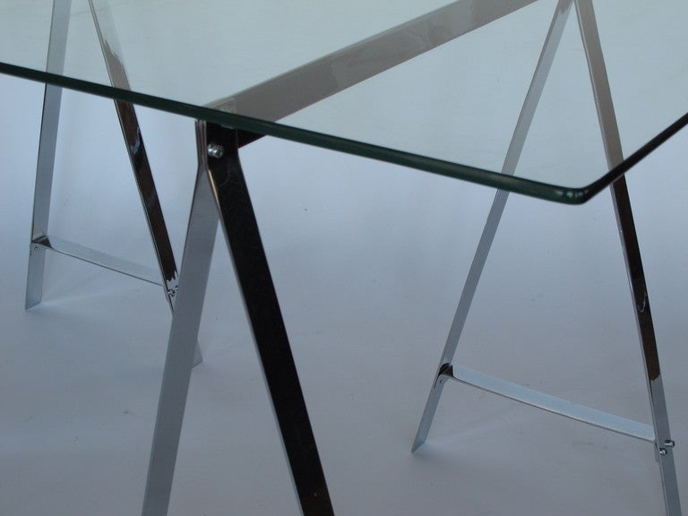 A fantastic, high quality, heavy and well made, Belgian 1970's, chromed plated steel trestle table. Glass not original. Could be a writing desk, work table or console.