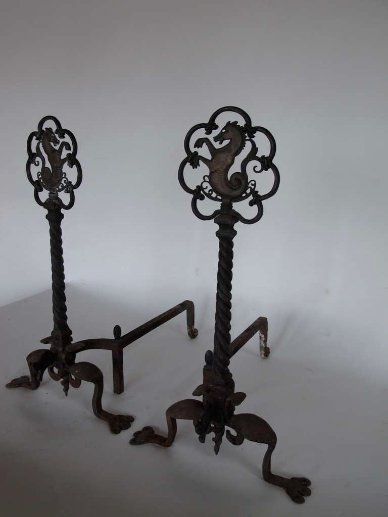 A Pair Of Sea Horse Andirons by Oscar Bach In Good Condition For Sale In St.Petersburg, FL