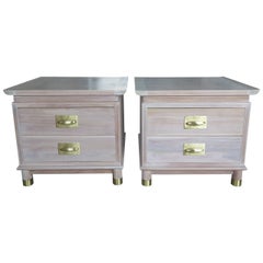 Used Pair of Elegant Chinese Style Nightstands with Polished Brass Hardware