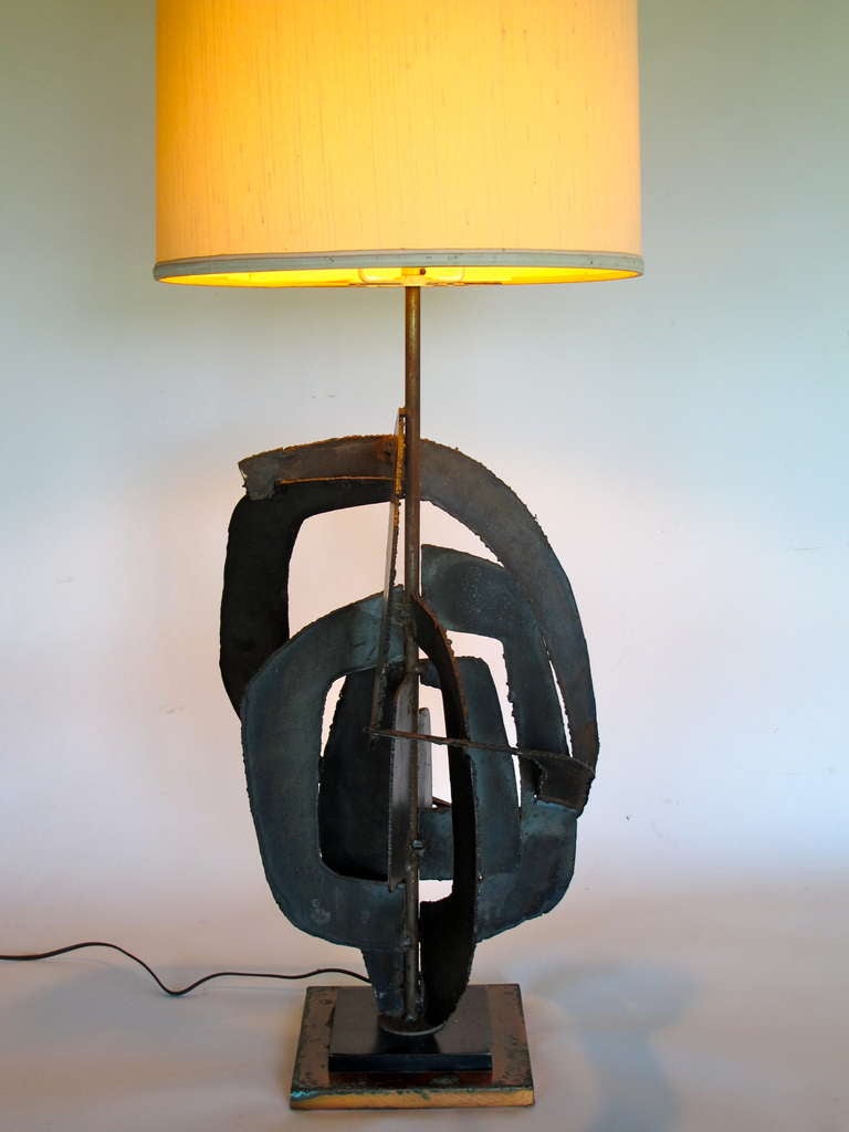 A large scale, brutalist, welded steel sculpture-lamp by Harry Balmer for Laurel.