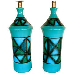 Pair of Italian Ceramic Turquoise Lamps, circa 1960s 3
